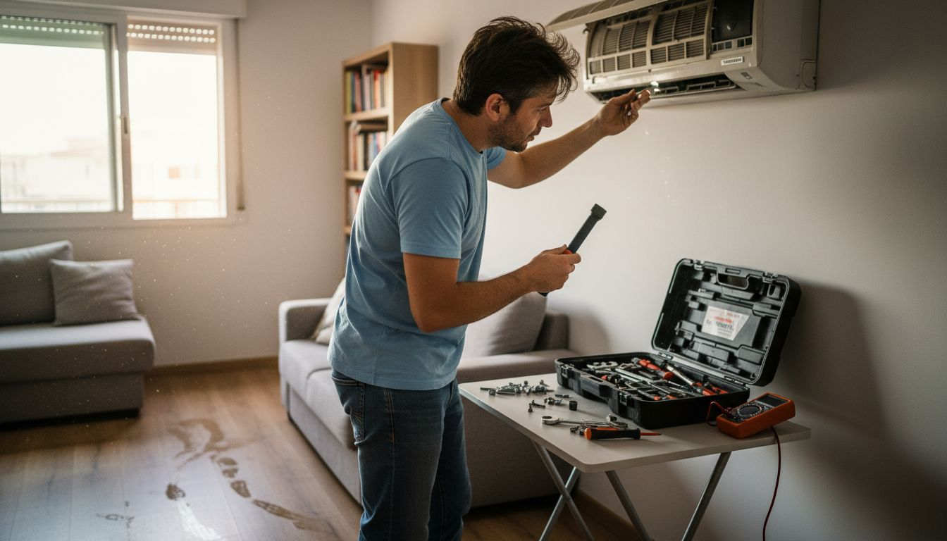 Un técnico realiza el mantenimiento del aire acondicionado en el hogar.