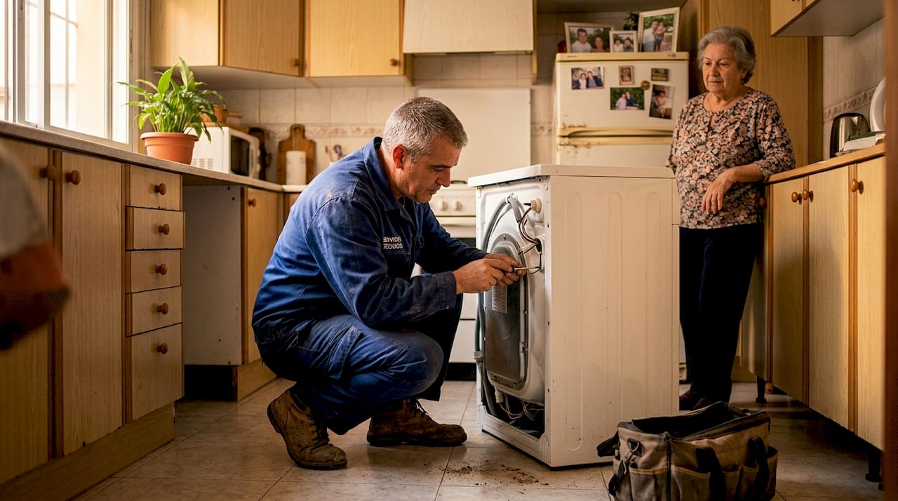 Un técnico realiza una revisión de un electrodoméstico en la cocina de una vivienda.