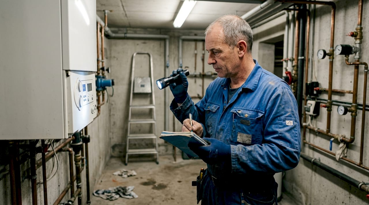 Un técnico inspecciona el panel de una caldera mural para asegurarse de su correcto funcionamiento.