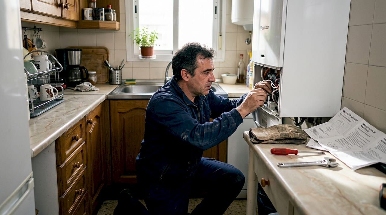 Un técnico realiza el mantenimiento de la caldera en la cocina de un piso.