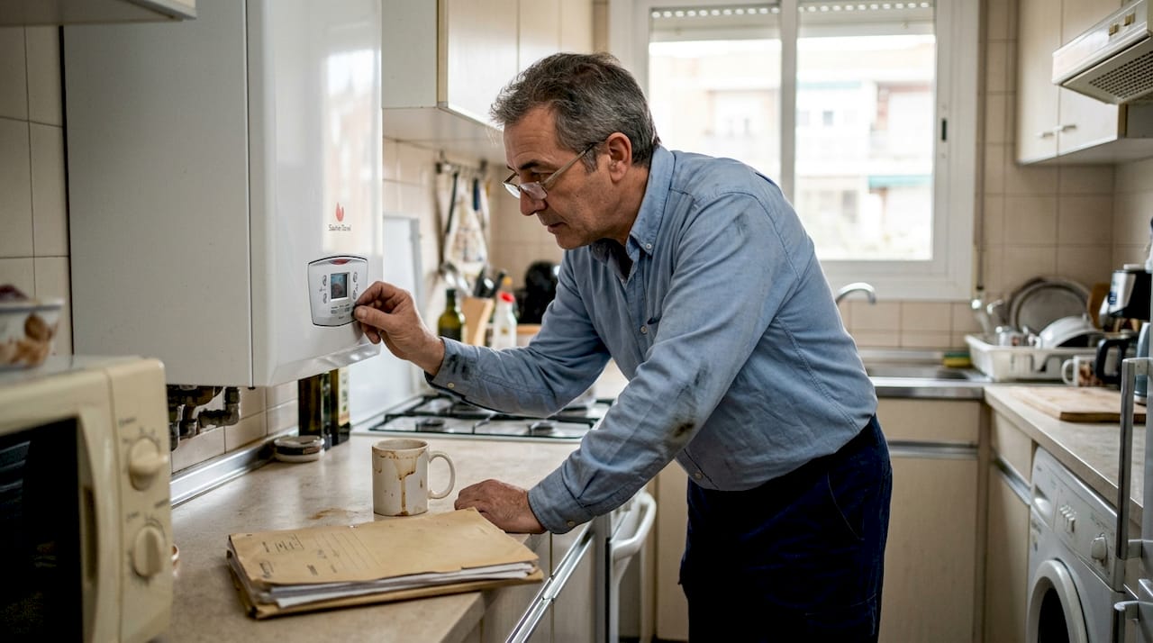 Un técnico realiza una revisión de la caldera en la cocina de una vivienda.