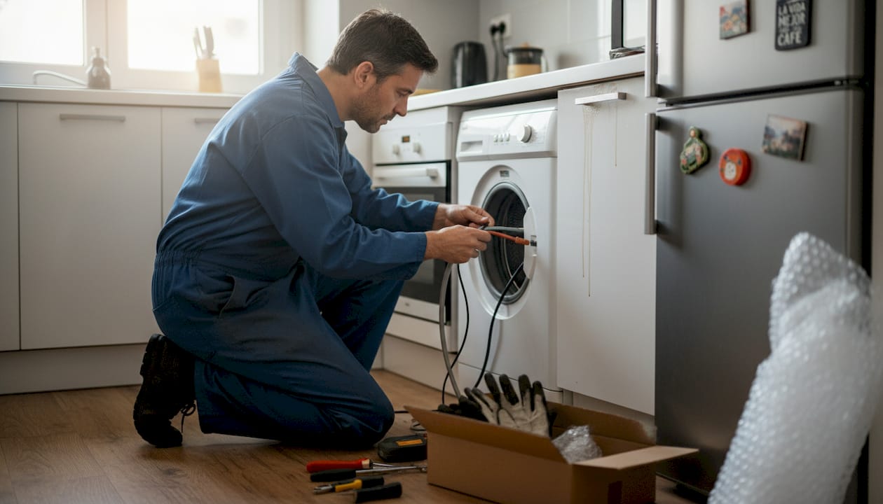 Especialista instalando una lavadora en una cocina doméstica