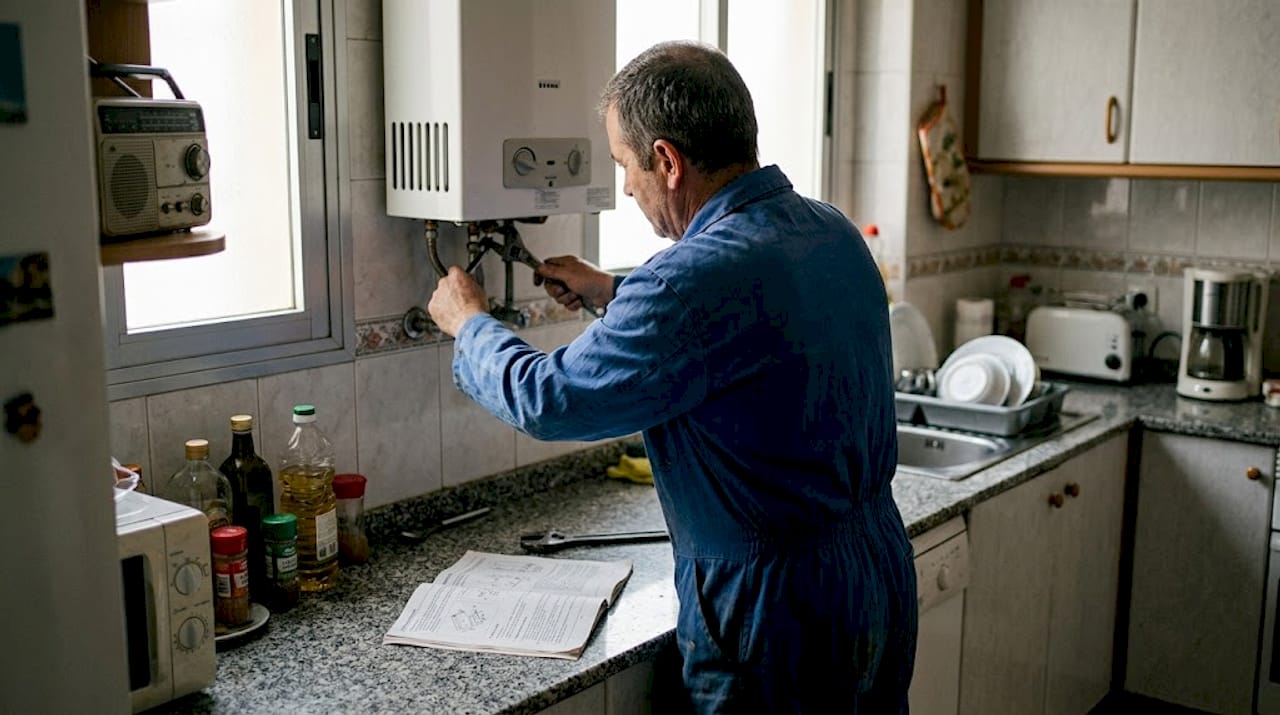 Especialista realizando la revisión del calentador de gas en casa