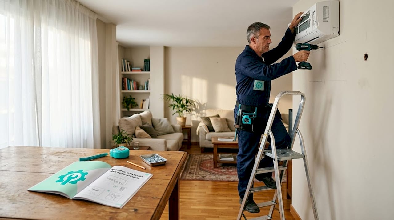 Un técnico realiza la instalación de un equipo de aire acondicionado en una vivienda.