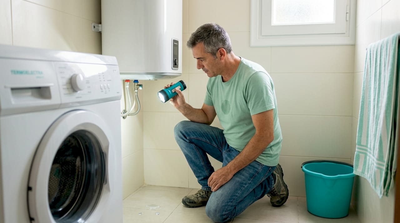 Un hombre revisa el termo eléctrico del baño.