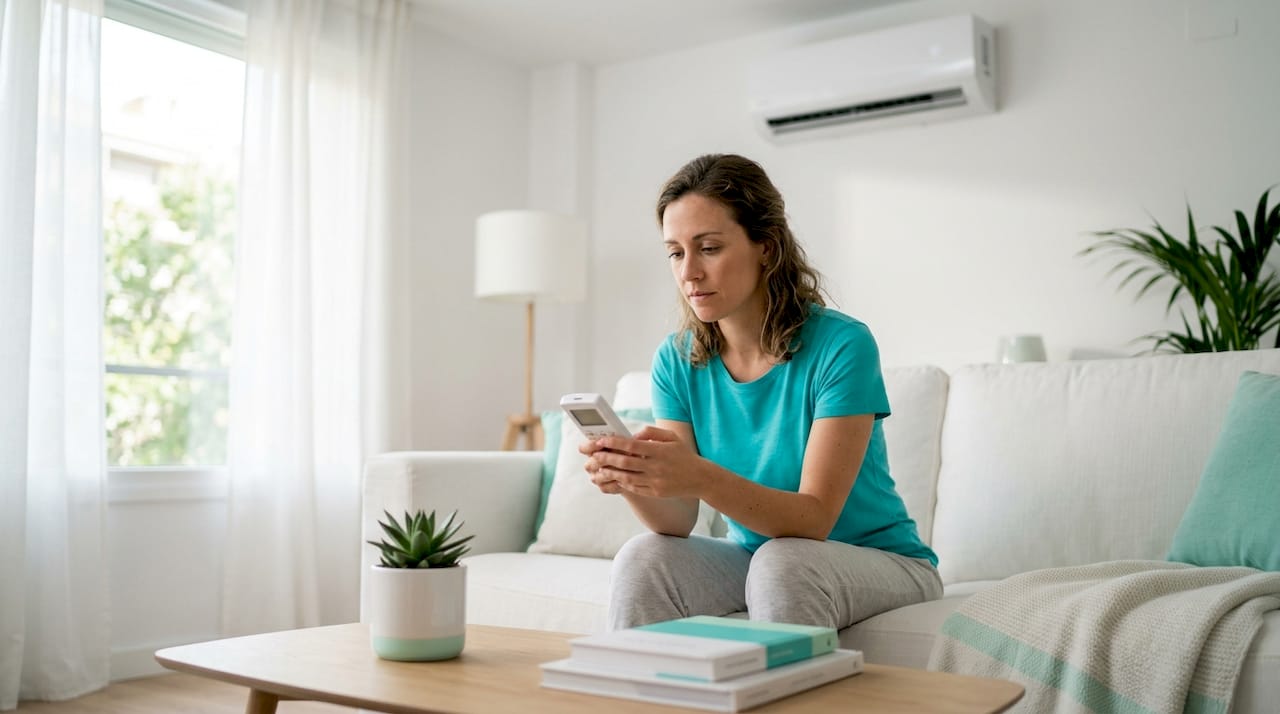 Mujer disfrutando del aire fresco de un aire acondicionado inverter en el salón de su casa