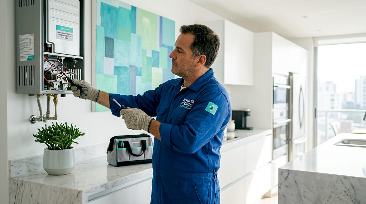 Un técnico realiza una inspección al calentador de gas en la cocina.