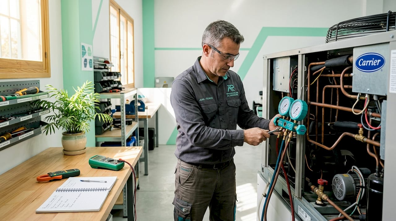 Especialista realiza el mantenimiento de un sistema de aire acondicionado en el taller
