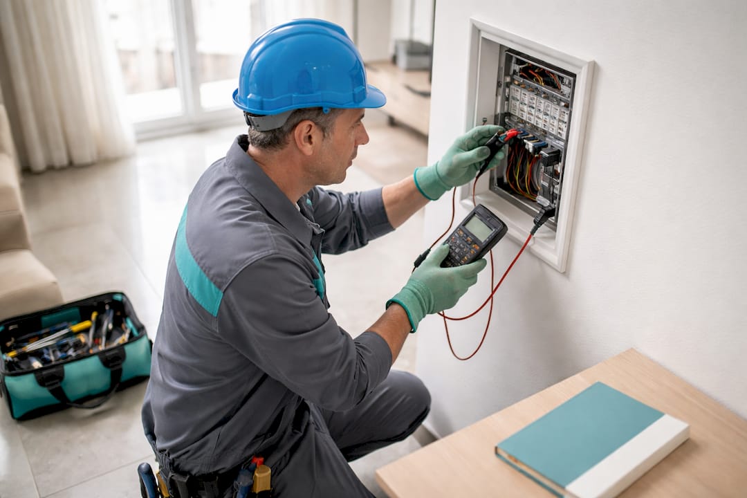 Especialista realizando una revisión de la instalación eléctrica en una vivienda