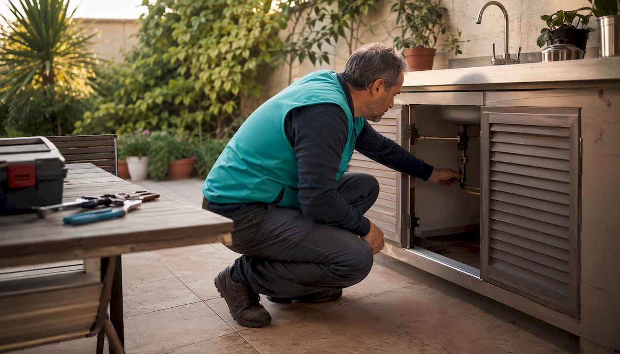 Significado de revisión obligatoria para tu caldera o instalación de gas 2 Un técnico realiza la revisión de las instalaciones de gas en la cocina.