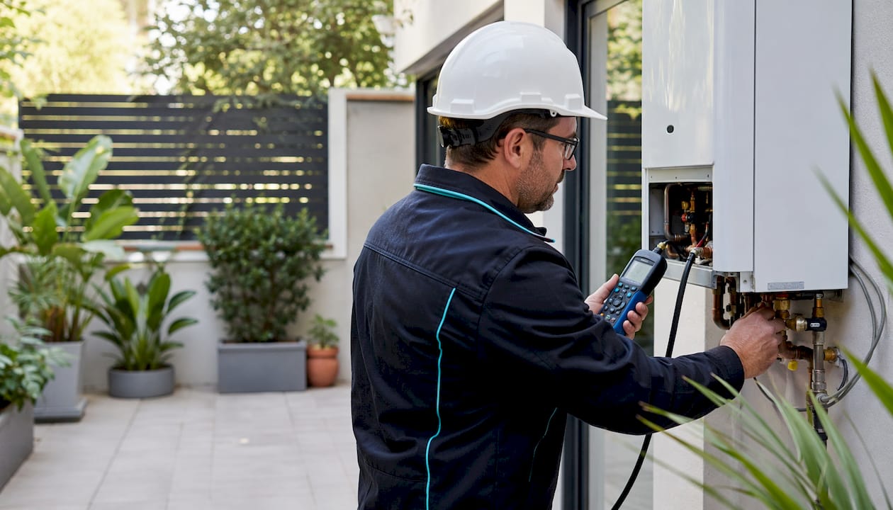 Un técnico realiza la revisión de la caldera de gas en una vivienda