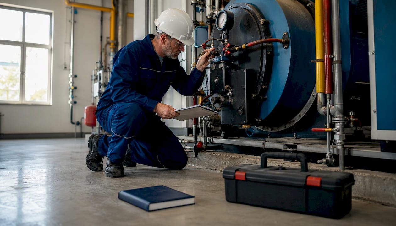 Técnico realizando una inspección a la caldera industrial dentro de la sala de máquinas.