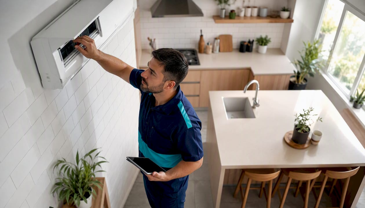 Especialista realizando la instalación de un aire acondicionado split inverter