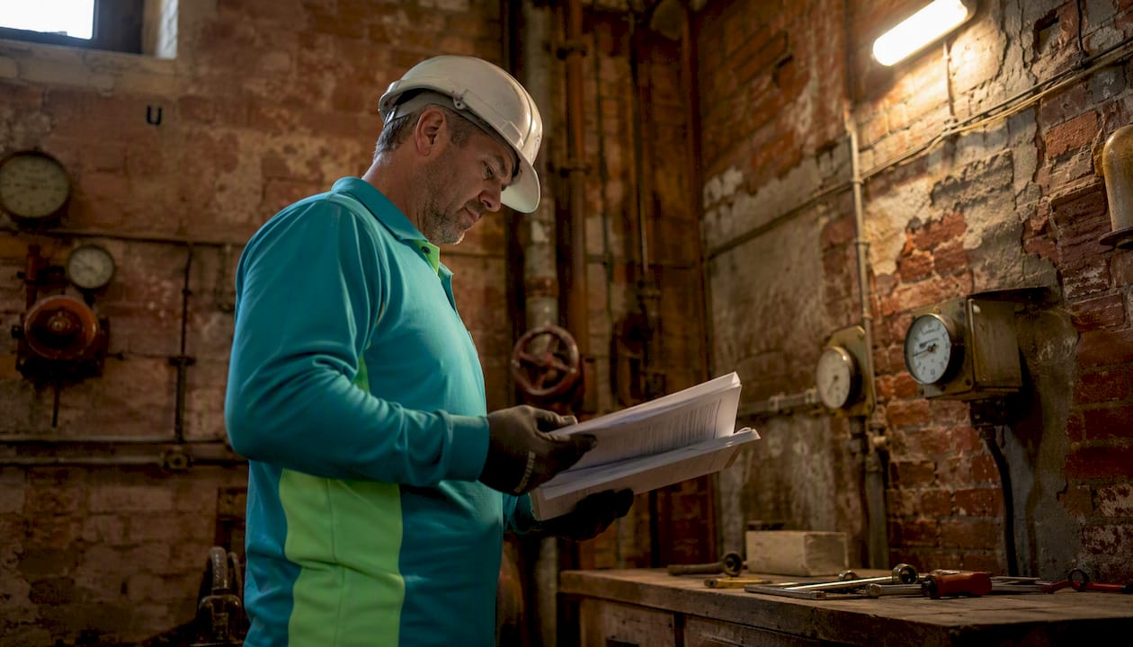 Un técnico comprueba la certificación RITE durante una revisión de la instalación térmica.