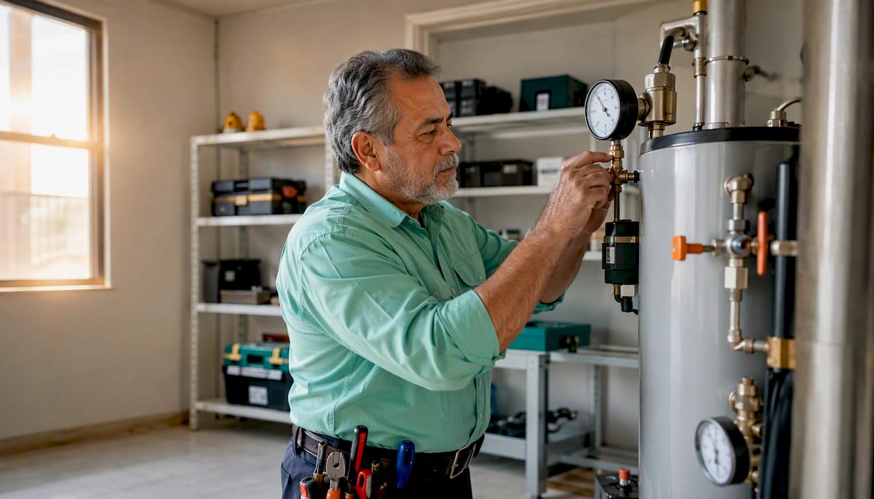 Certificación RITE: por qué importa en instalaciones térmicas 3 Personal técnico llevando a cabo labores de mantenimiento en un panel térmico