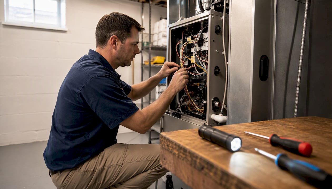 Manos realizando ajustes en el cableado de control de un sistema de climatización