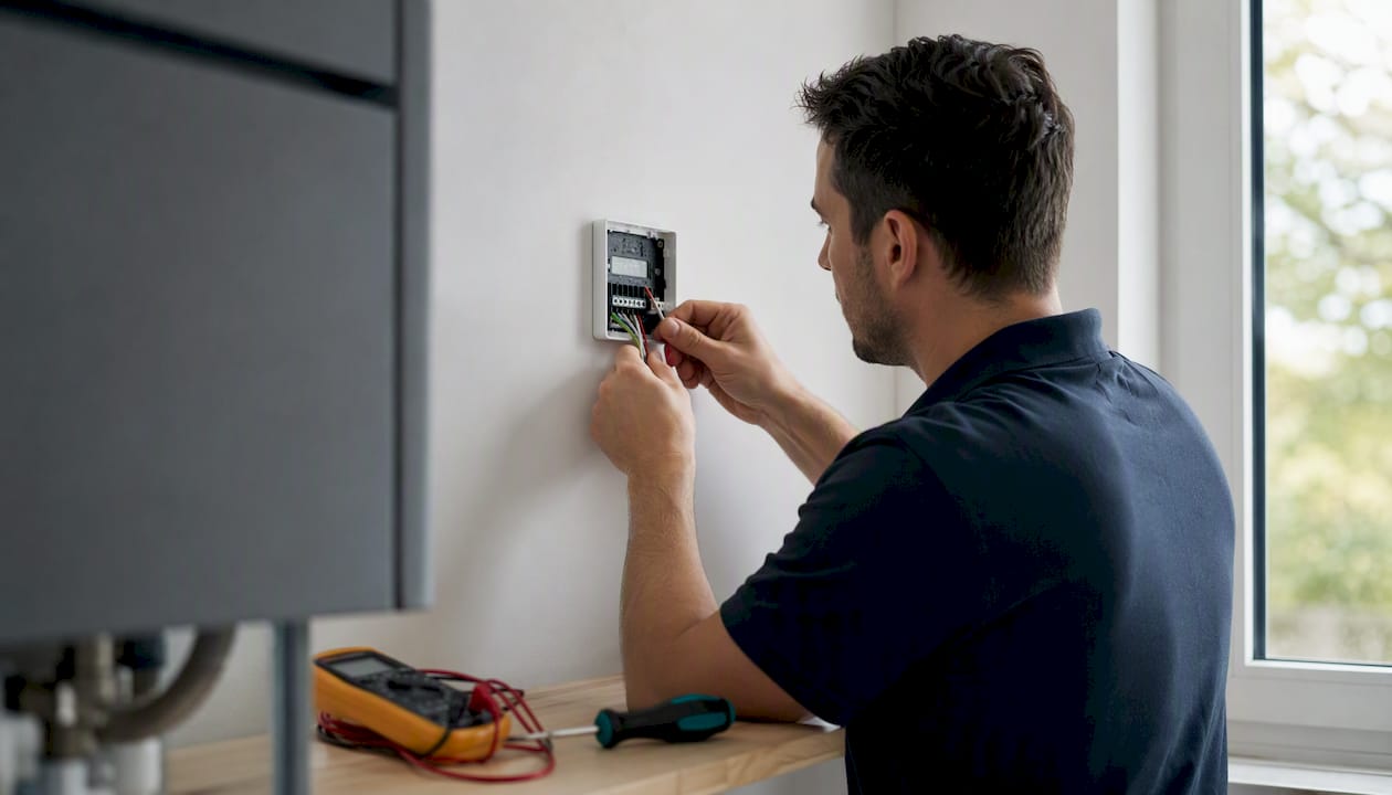 Técnico instalando el cableado del termostato de la caldera