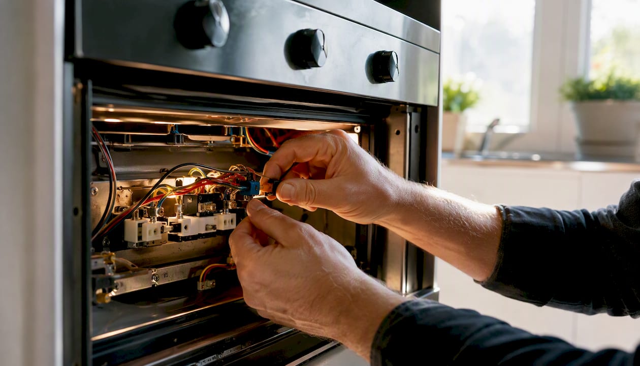 Guía de reparación paso a paso del horno para particulares 2 Manos comprobando las conexiones eléctricas del horno con un multímetro