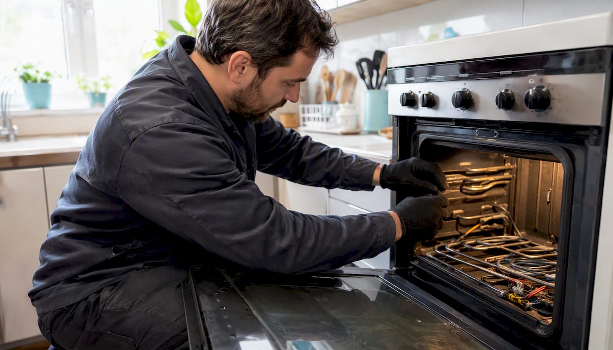 Manos tomando fotos del interior del horno antes de comenzar la reparación