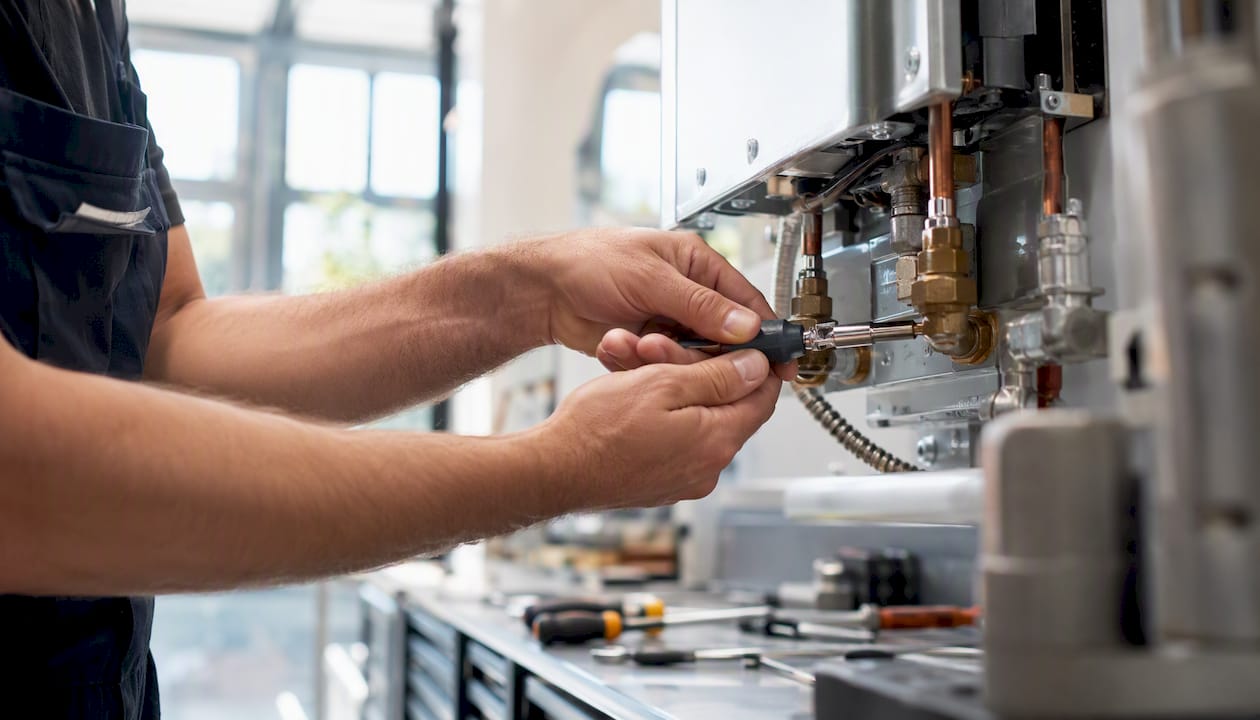 Un técnico realiza la instalación de un calentador en una empresa.