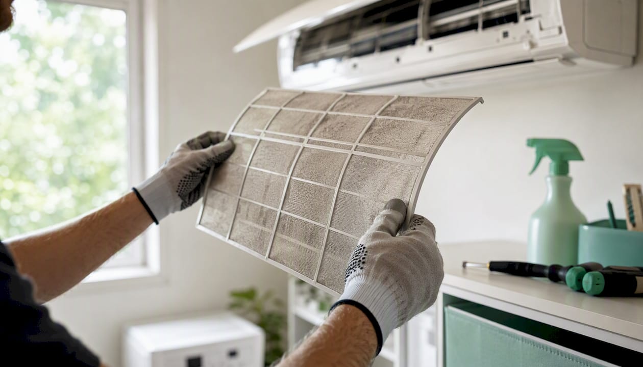 Cómo ahorrar energía en el hogar: 9 medidas clave 2 Manos limpiando el filtro del aire acondicionado