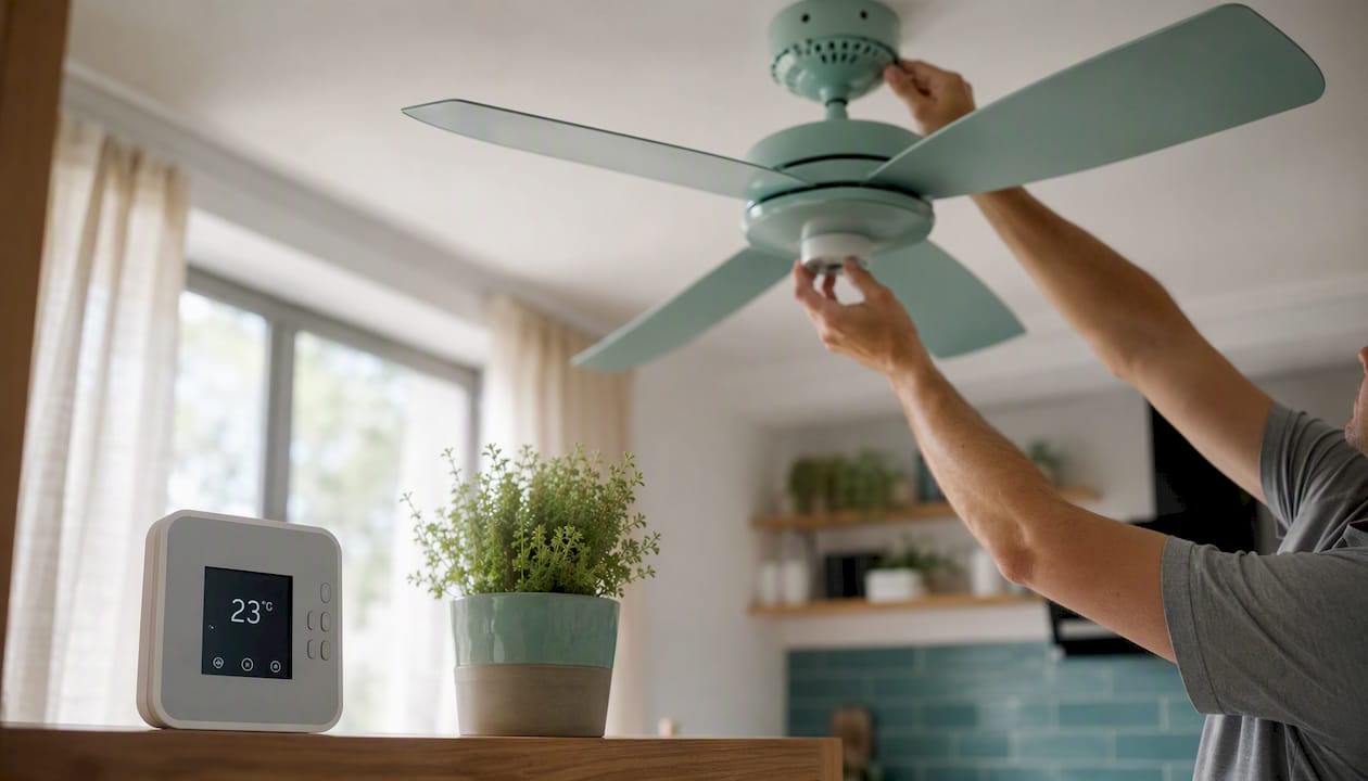 Detalle de un termostato y una lámpara LED en el interior de una casa