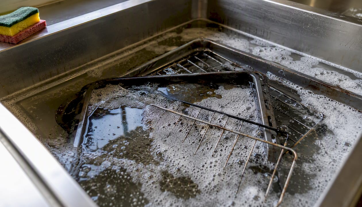 Deja las bandejas del horno a remojo con un poco de detergente para facilitar la limpieza.