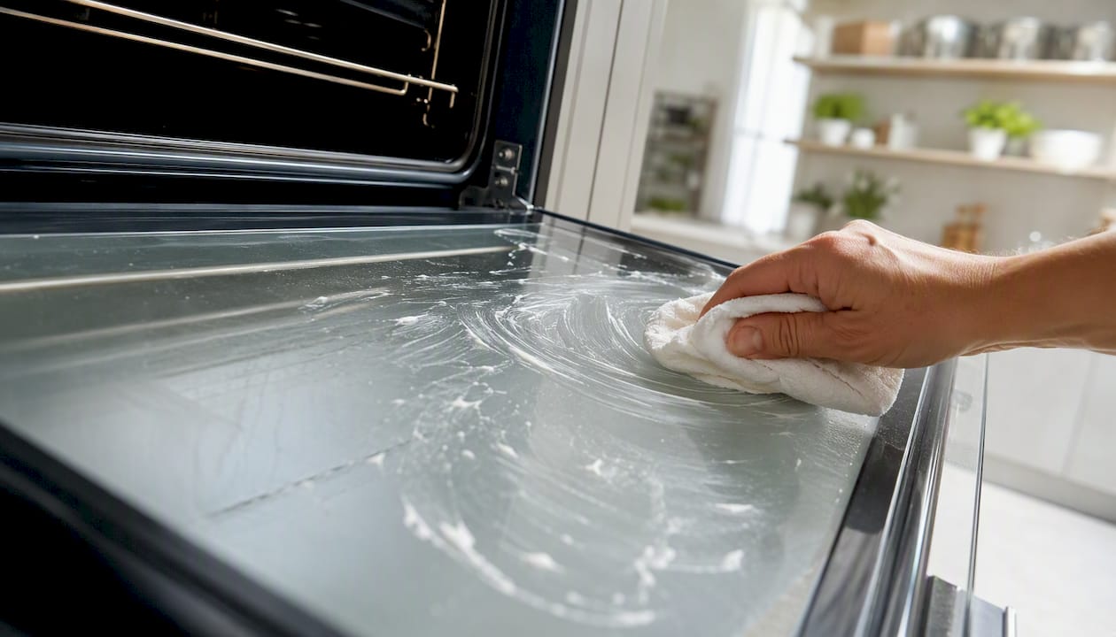 Una mano extiende una mezcla de bicarbonato sobre el cristal del horno para limpiarlo.