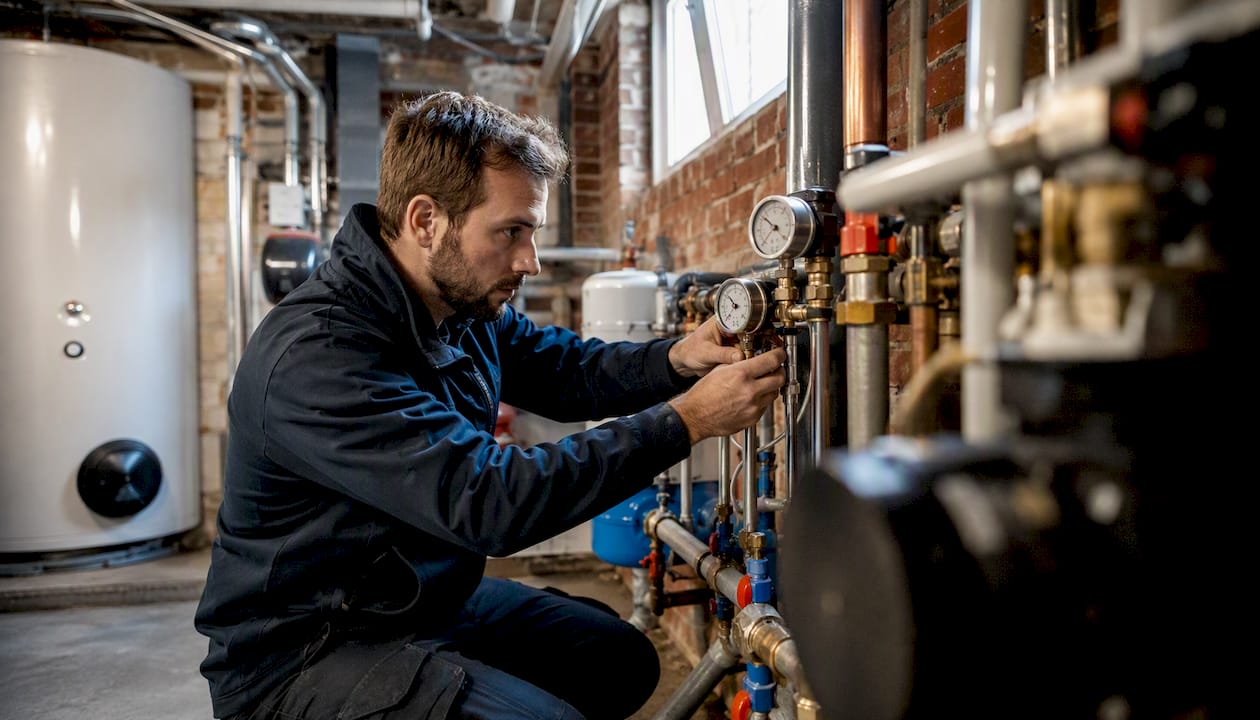 Manos comprobando la presión y la temperatura en un sistema de energía solar térmica