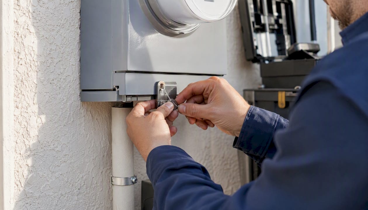 Electricista colocando el sello de certificación