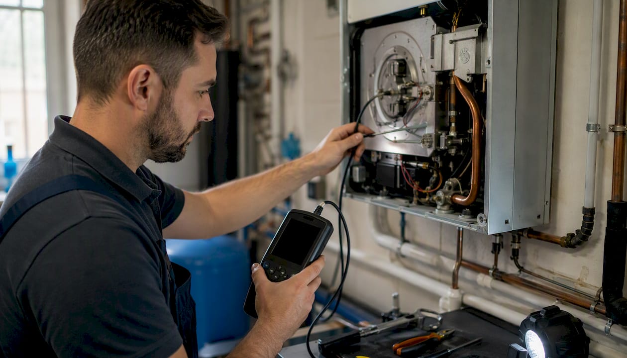 Workflow de revisión preventiva de edificio: guía paso a paso 2 Un técnico revisa y mide la combustión de una caldera de gas para asegurar su correcto funcionamiento.