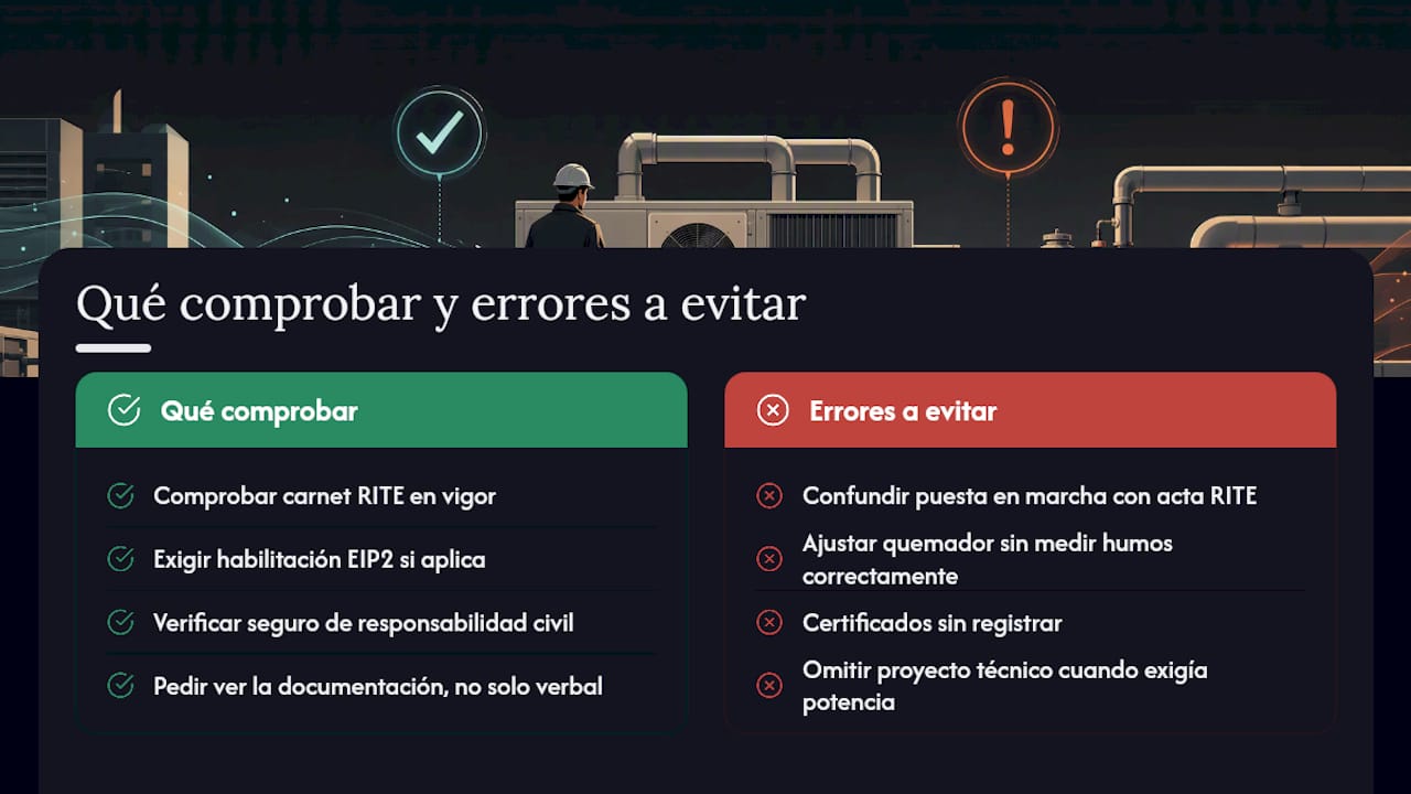 Certificación técnica RITE: qué es y a quién exige el certificado 3 Qué comprobar en el técnico y qué errores evitar — overview diagram
