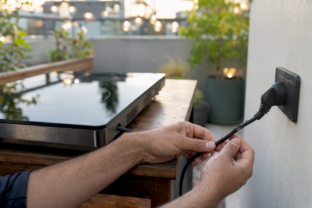 Manos revisando el cable de alimentación de una placa vitrocerámica