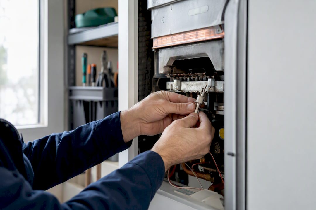 Error F28 en Vaillant: qué significa y cómo solucionarlo 4 Manos de técnico reemplazando los electrodos de ignición de una caldera