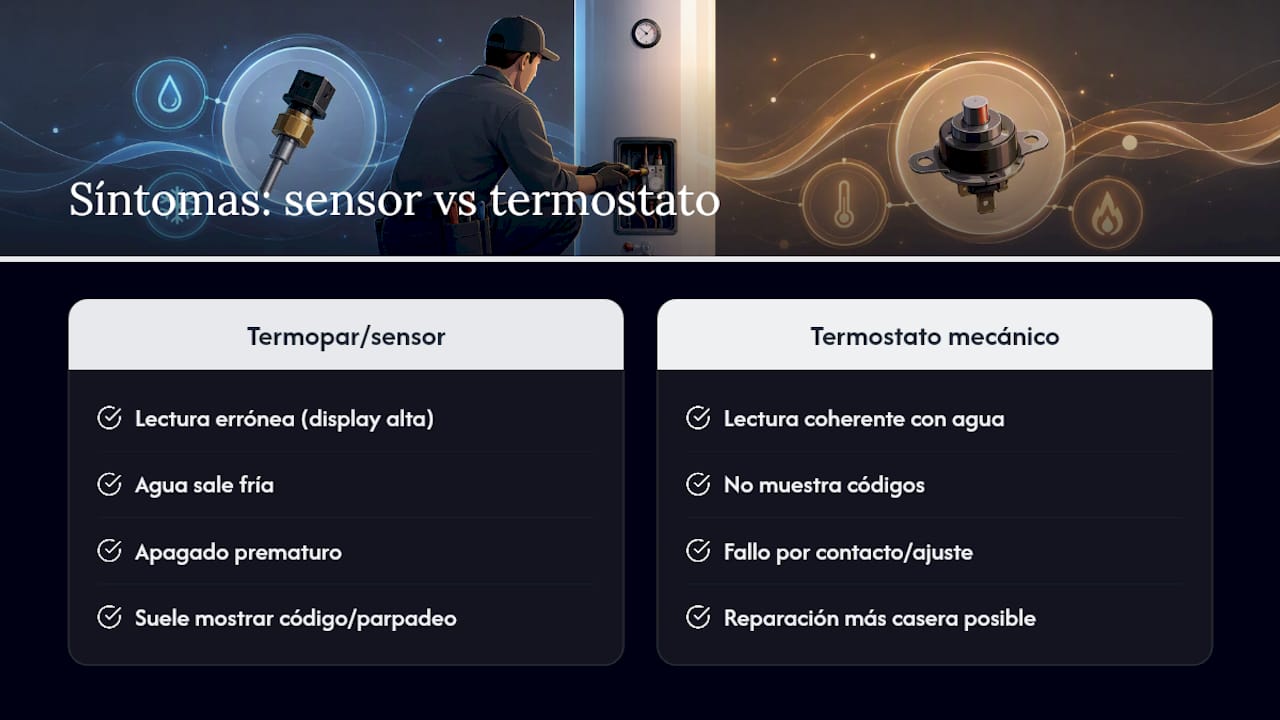 Termo eléctrico no calienta: causas y soluciones paso a paso 2 Diagrama que compara los síntomas de fallas del sensor y del termostato
