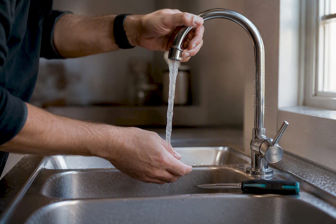 Cinco comprobaciones en casa cuando el calentador no hace chispa 2 Manos revisando el flujo de agua en un grifo