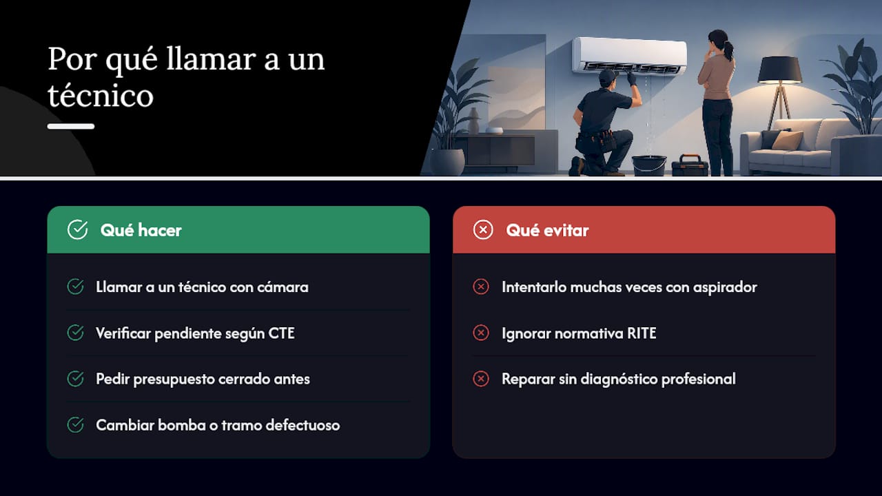 Desagüe del aire acondicionado atascado: qué hacer y cuándo parar 3 Perspectiva del técnico: por qué llamar a un profesional puede ahorrarte tiempo y daños — overview diagram