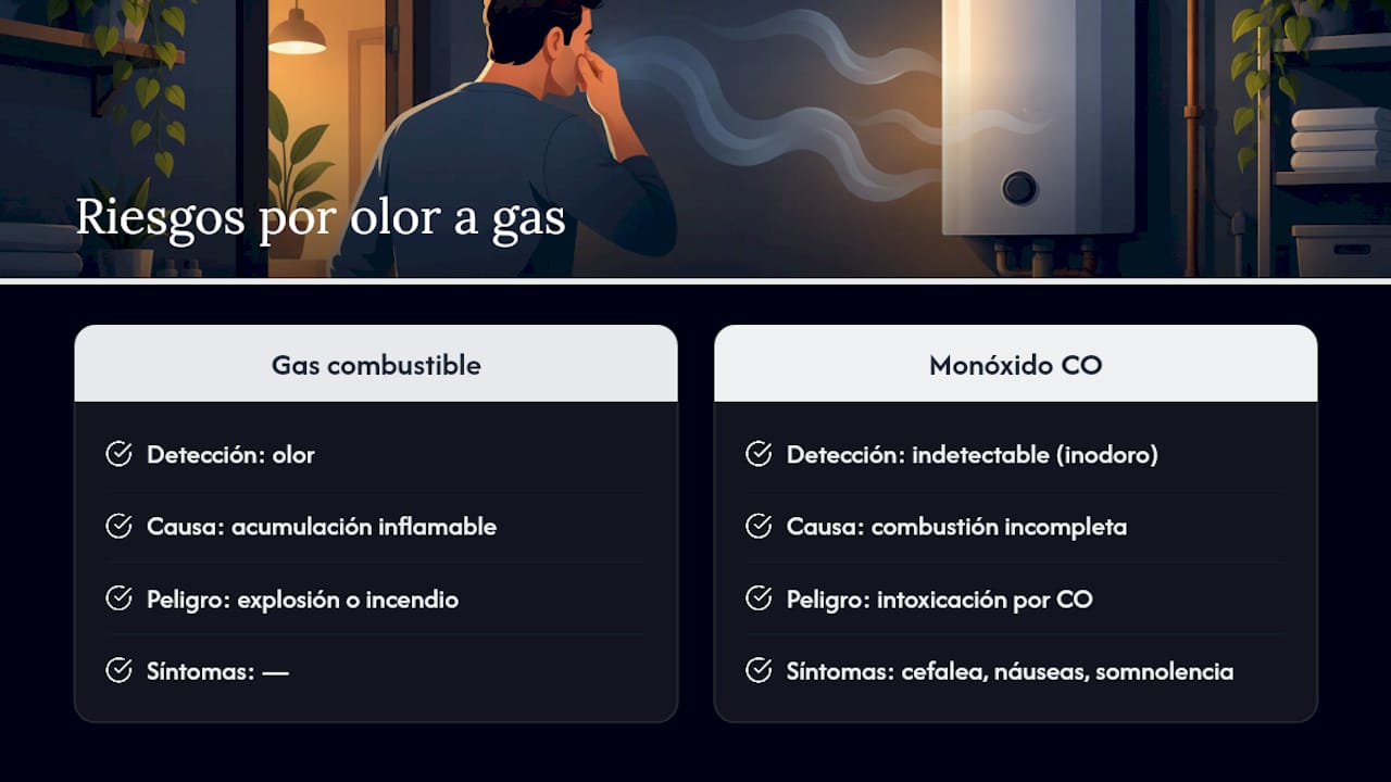 Calentador huele a gas: qué hacer ahora y cómo actuar con seguridad 2 Riesgos: explosión, incendio y monóxido de carbono — overview diagram