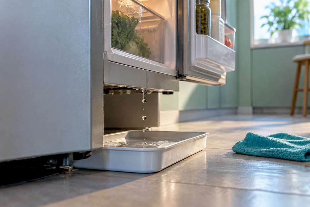 Agua cayendo bajo un refrigerador de casa