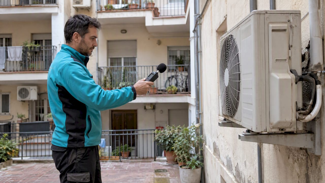 El técnico mide el ruido de la unidad exterior