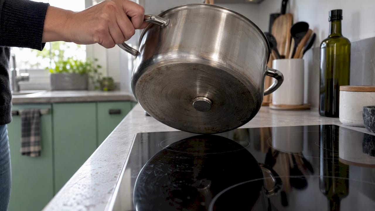 Imán pegado al fondo de una olla